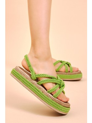 Kadın Yeşil Rahat Kalıp Çapraz Bantlı Yüksek Taban Halat Terlik