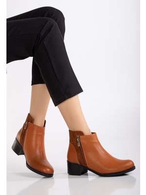 Analin Shoes Kadın  Deri Nubuk Detaylı Kısa Topuklu Bilek Bot - Taba