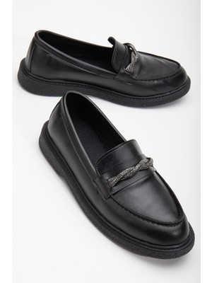 Tonny Black Kadın Siyah Cilt Rahat Kalıp Önü Sarmal Taşlı Günlük Loafer