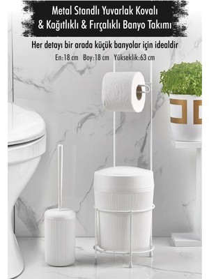 İndirim Land Metal Standlı Yuvarlak Kovalı & Kağıtlıklı & Fırçalıklı Beyaz Banyo Takımı