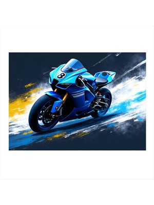 Tablomega Mavi Yarış Motosikleti Aksiyonu Art Mdf Poster 18CM x 27CM