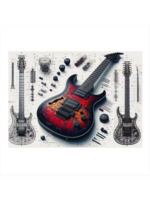 Elektro Gitar Çizimi Model Ahşap Tablo 18CM x 27CM