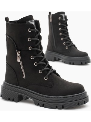 Tonny Black Kadın Siyah Süet Termo Taban Yanı Fermuar Desenli Bağcıklı ve Fermuarlı Bot