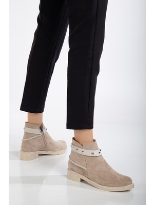 Tonny Black Kadın Ten Süet Termo Taban Taş Halatlı Fermuarlı Kısa Topuklu Bot