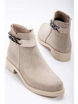 Tonny Black Kadın Ten Süet Termo Taban Zincir Detaylı Fermuarlı Kısa Topuklu Bot