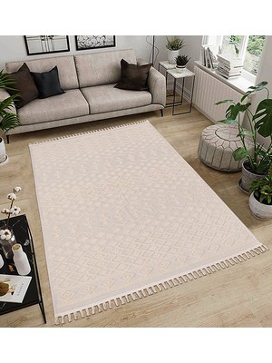 Dekoratif Modern Naturel Kayma Yapmayan Yıkanabilir Pamuk Dokuma Kilim Saçaklı 7010