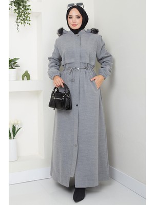 Kapüşonu Kürklü Bağcıklı Büyük Beden Kaşe Kaban Gri  HM2584