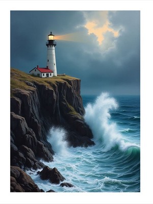 Tablomega Fırtınada Deniz Feneri Modern Ahşap Tablo 25CMX 35CM