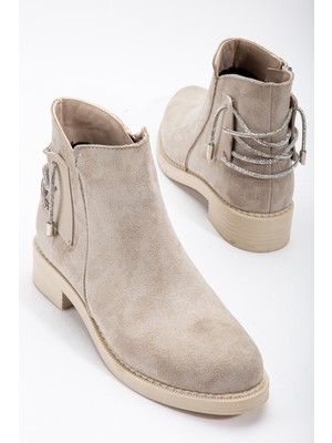 Tonny Black Kadın Ten Süet Termo Taban Arkası Taşlı Ip Geçişli Fermuarlı Kısa Topuklu Bot