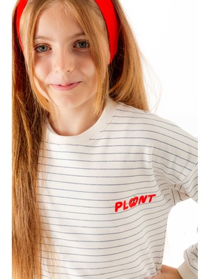 Plant Mini Kids Apple Baskılı, Çizgili Beyaz Renk,  Pamuklu Iki Iplik Bisiklet Yaka Çocuk Sweatshirt