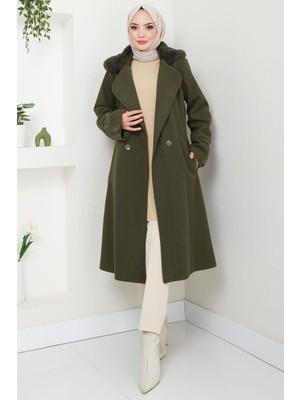 Yakası Kürk Detaylı Kaşe Kaban Haki HM2583
