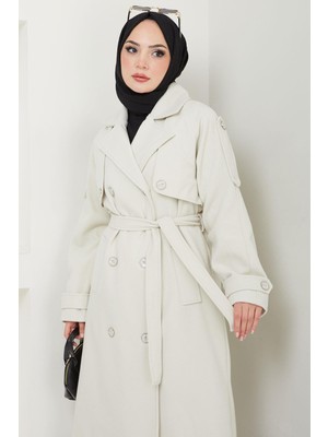 Kruvaze Yaka Düğmeli Kuşaklı Kaşe Kaban Ekru HM2603