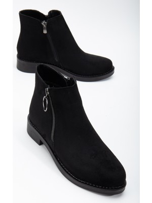 Tonny Black Kadın Siyah Süet Termo Taban Tokalı Çift Fermuarlı Kısa Topuklu Bot