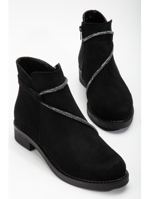 Tonny Black Kadın Siyah Süet Termo Taban Taş Halatlı Fermuarlı Kısa Topuklu Bot