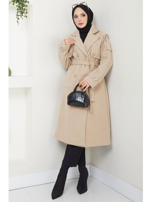 Kruvaze Yaka Düğmeli Kuşaklı Kaşe Kaban Bej HM2603