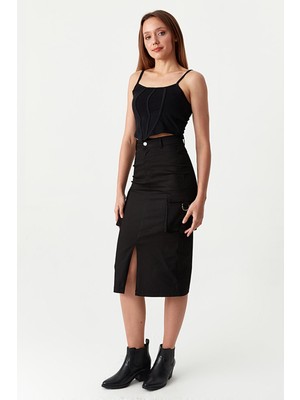 Select Moda Kadın Kargo Cepli Yırtmaçlı Midi Etek