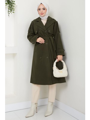 Kruvaze Yaka Düğmeli Kuşaklı Kaşe Kaban Haki HM2603