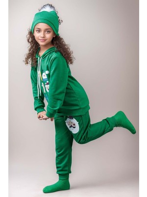 Kız Erkek Kardan Adam ve Yazı Baskılı Bereli Yeni Yıl Yeşil Eşofman Takım