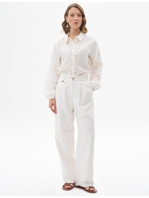 Kadın Pamuklu Gömlek Yaka Bluz-Ekru