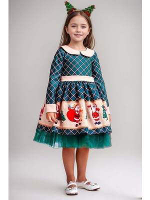 Kız Çocuk Ekose Detaylı Noel Baba Baskılı Bebe Yaka Noel Yeşil Elbise