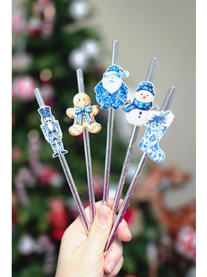 Pekshop Bleu Blanch Temalı Kurşun Asker Noel Baba Kardan Adam Süslü Pipetler 10LU Pipet Paketi