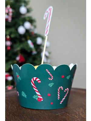 Pekshop Yeşil Yılbaşı Desen Temalı Yılbaşı Cupcake Sargısı 10'lu Paket Yılbaşı Sofra Süsleri