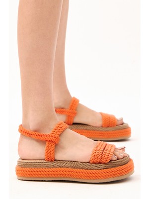Kadın Oranj Rahat Kalıp Bantlı Yüksek Taban Halat Sandalet