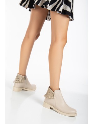 Kadın Ten Cilt Termo Taban Püskül Detaylı Fermuarlı Kısa Topuklu Bot