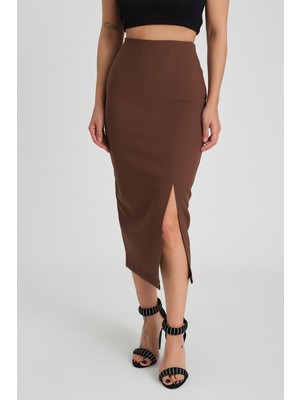 Ms. Endam Kadın Yüksek Bel Diz Altı Fermuarlı Yırtmaç Detaylı Vücuda Oturan Yüksek Bel Midi Kalem Kumaş Etek