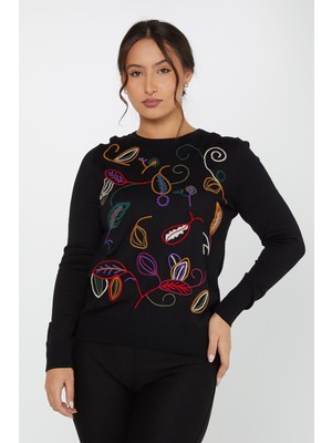 Kazee Kadın Nakışlı Yaprak Detaylı Triko Kazak 31276 Siyah