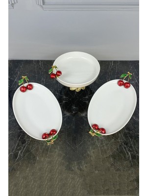 May Home Kiraz Kulplu 3'lü Ayaklı Porselen Tabak Kase Seti
