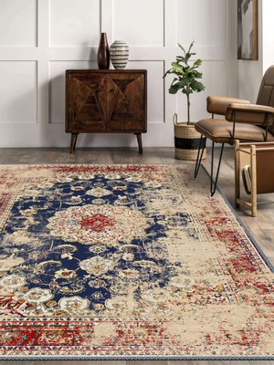 Barel Storm Vintage Desenli Halı, Pamuk Dokuma Pamuklu Taban Dekoratif Halı Kilim 42