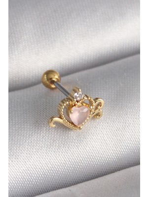 Clariss 316L Çelik Gold Renk Pembe Mineli Kalp Zirkon Taş Detay Tragus Piercing