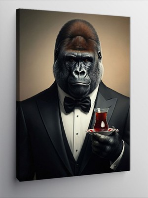 Tablomega Kanvas Tablo Ciddi Goril Portresi ve Çay