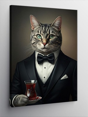 Tablomega Kanvas Tablo Çay Tutan Şık Kedi