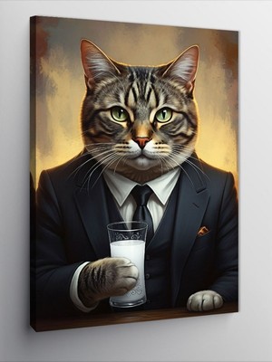 Tablomega Kanvas Tablo Takım Elbiseli Kedi ve Rakı