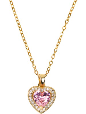 Atalya Accessory Pembe Taşlı Gold Renk Kalp Modeli Çelik Kolye-Pandora Modeli