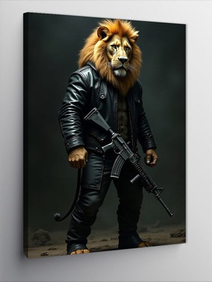 Tablomega Kanvas Tablo Sert Bakışlı Silahlı Aslan Figürü