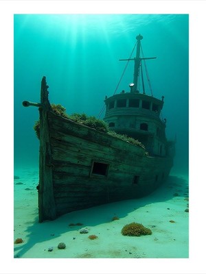 Tablomega Batık Gemi ve Su Altı Manzarası Model Ahşap Tablo 18CM x 27CM