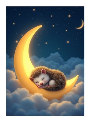 Tablomega Ay Üzerinde Uyuyan Kirpi Desenli Mdf Tablo 25CMX 35CM