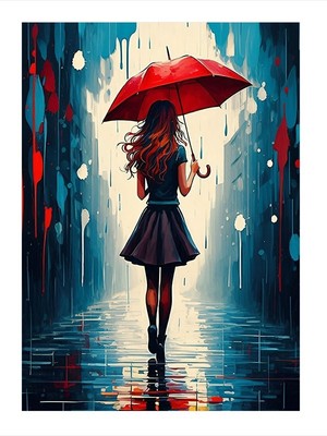 Tablomega Yağmur Altında Kırmızı Şemsiye Mdf Poster 25CMX 35CM