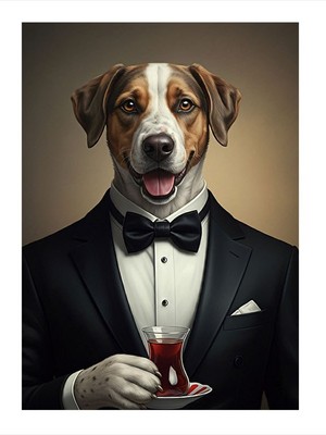Tablomega Şık Smokinli Köpek ve Çay Model Ahşap Tablo 18CM x 27CM
