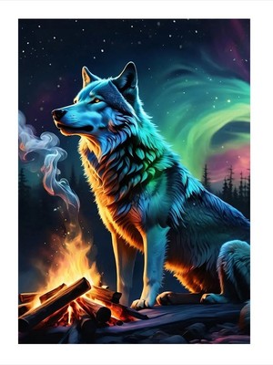 Tablomega Ateş ve Kuzey Işıkları Altında Kurt Art Mdf Poster 25CMX 35CM