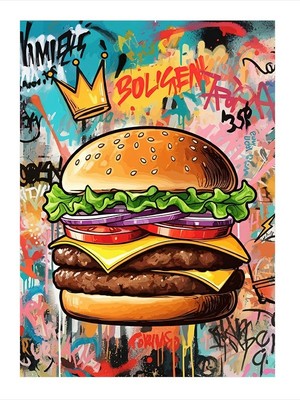 Tablomega Grafiti Ile Süslenmiş Burger Modern Ahşap Tablo 18CM x 27CM