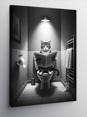 Tablomega Kanvas Tablo Tuvalette Gazete Okuyan Kedi