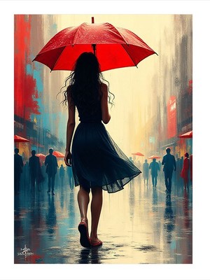 Tablomega Kırmızı Şemsiye Ile Yağmurda Yürüyüş Tasarım Ahşap Tablo 18CM x 27CM