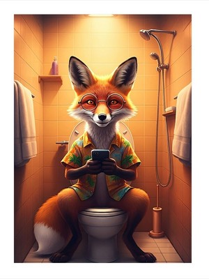 Tablomega Gazete Okuyan Tilki Tuvalette Hediyelik Mdf Tablo 25CMX 35CM