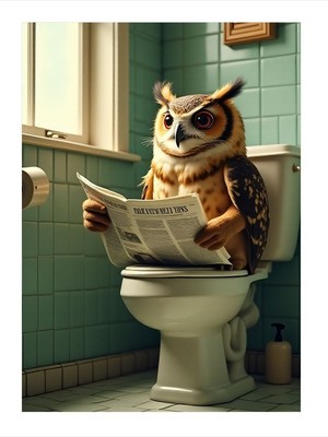 Tablomega Tuvalette Gazetesini Okuyan Baykuş Modern Mdf Tablo 18CM x 27CM