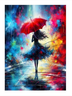 Tablomega Yağmur Altında Şemsiyeli Kadın Art Mdf Poster 25CMX 35CM