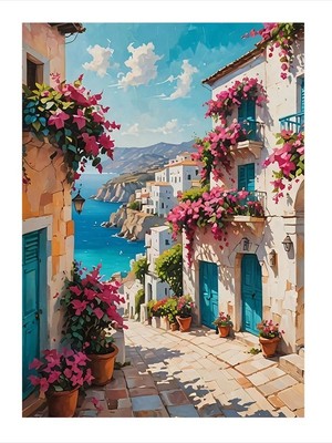 Tablomega Renkli Akdeniz Köyü ve Evler Mdf Poster 35CM X50CM